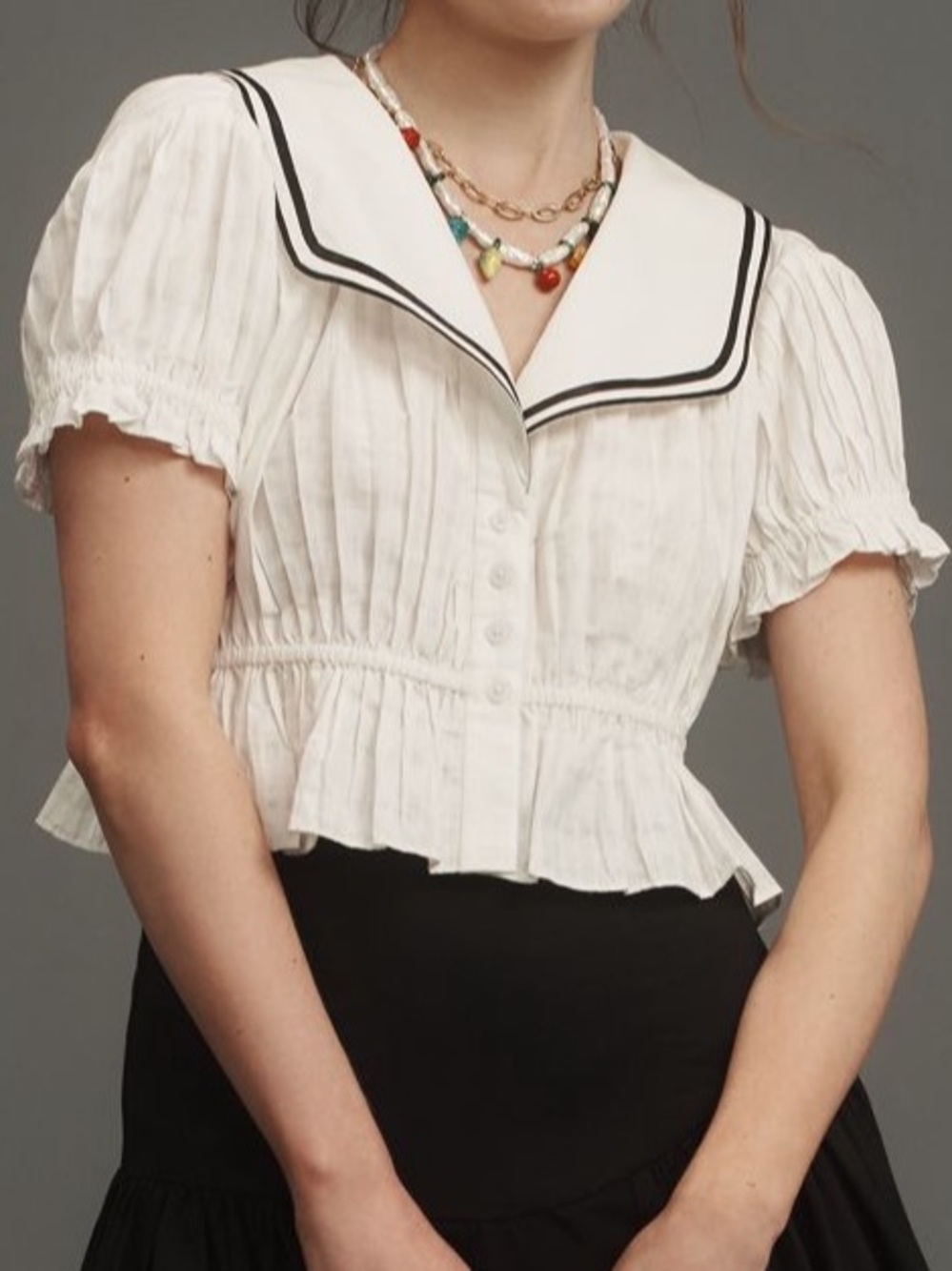Anthropologie White Peplum Sailor-Collar Blouse with Black Trim